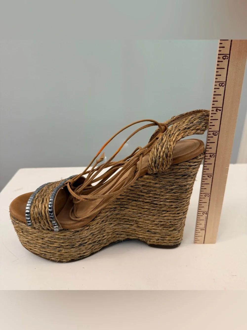 Schutz Raffia Platform Wedge Sandals Tan T Strap Size 8